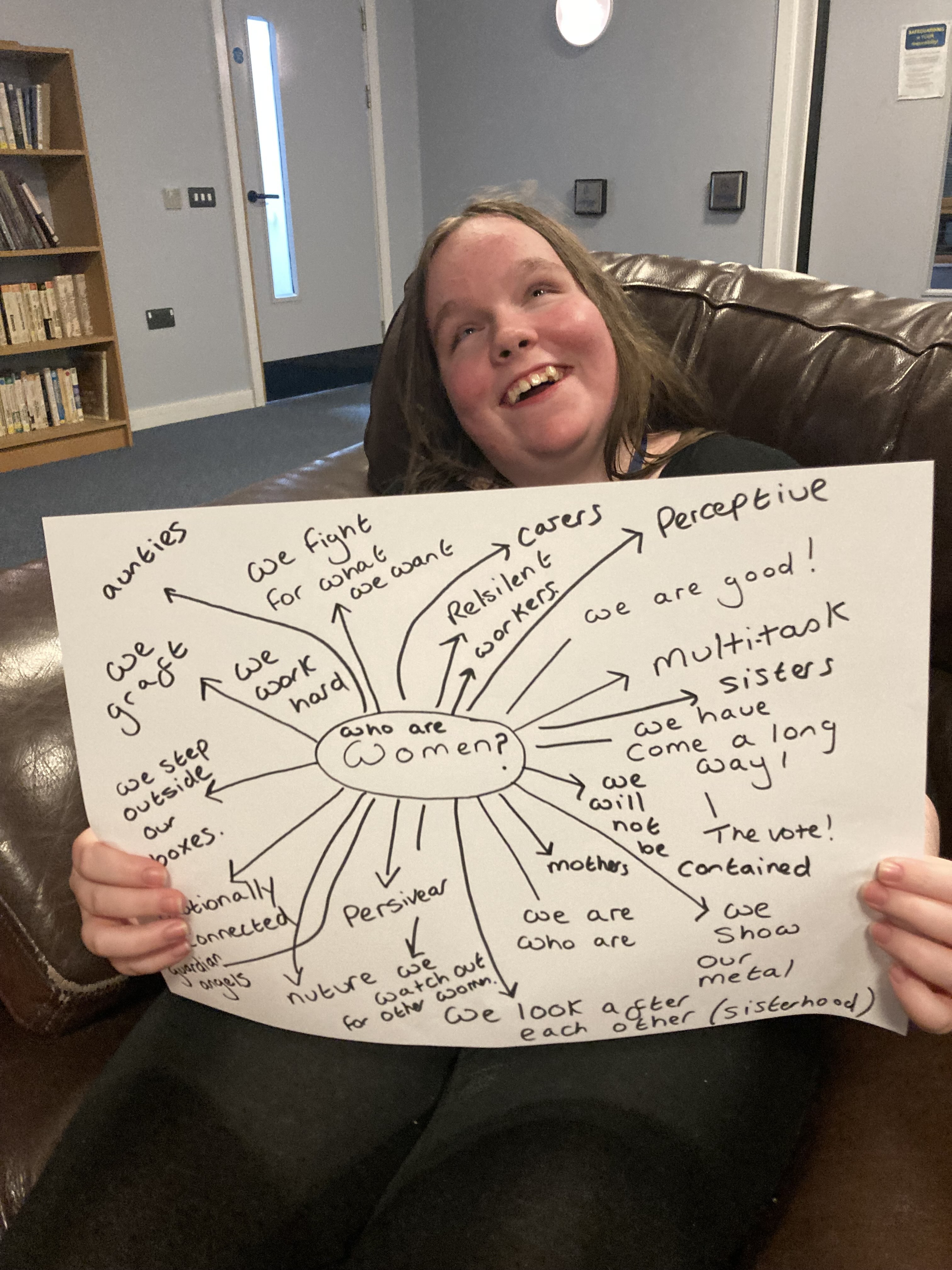 A very smiley Mills holds up a giant piece of paper with a mind map of words relating to what it is to be a woman